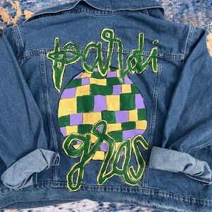 Colorful Denim Jacket with Mardi Gras Design